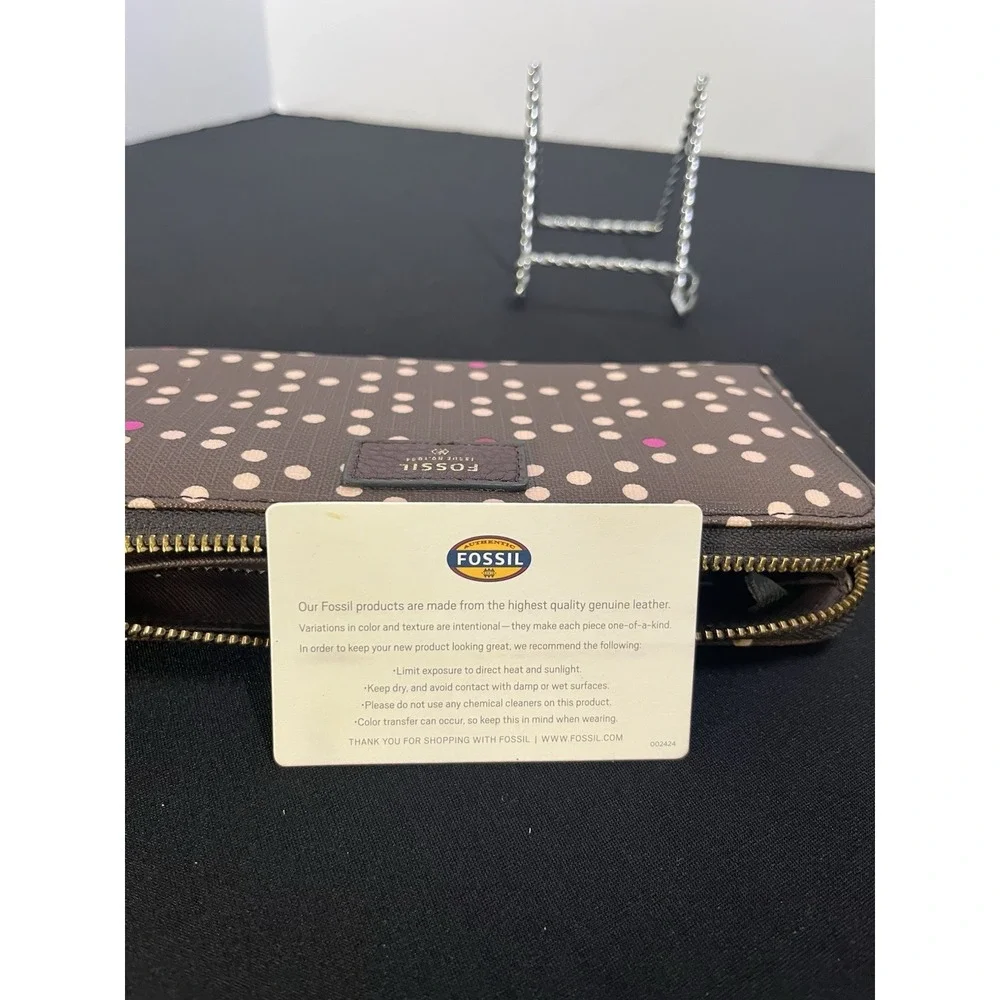 Fossil Sydney Clutch Wallet Brown Pink Polka Dot Coated Canvas Organizer A467